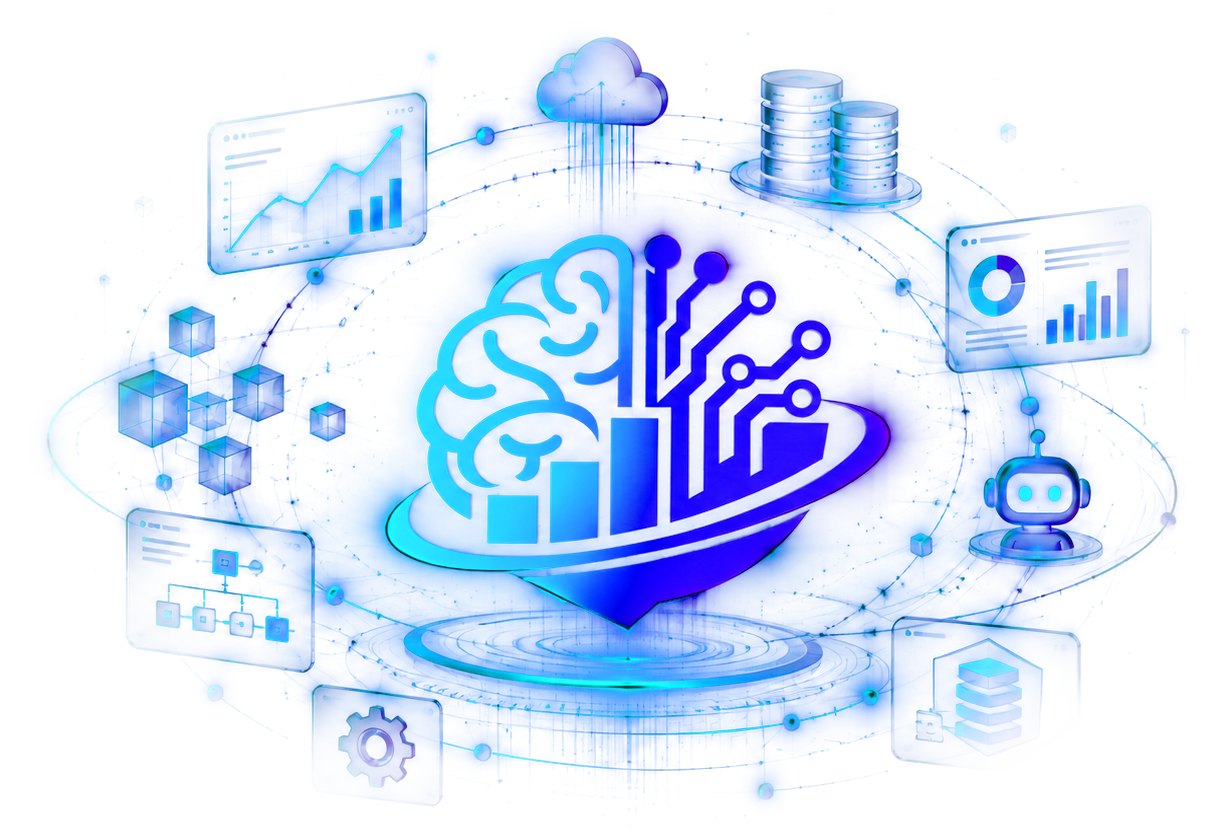 Ilustración: inteligencia artificial conectada a tableros, bases de datos y automatizaciones